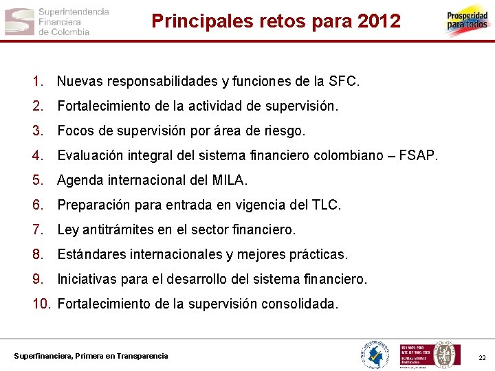 Principales retos para 2012 1. Nuevas responsabilidades y funciones de la SFC. 2. Fortalecimiento Principales retos para 2012 1. Nuevas responsabilidades y funciones de la SFC. 2. Fortalecimiento