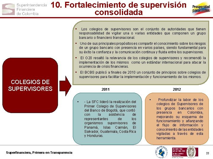 10. Fortalecimiento de supervisión consolidada • Los colegios de supervisores son el conjunto de