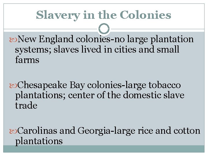 Slavery in the Colonies New England colonies-no large plantation systems; slaves lived in cities