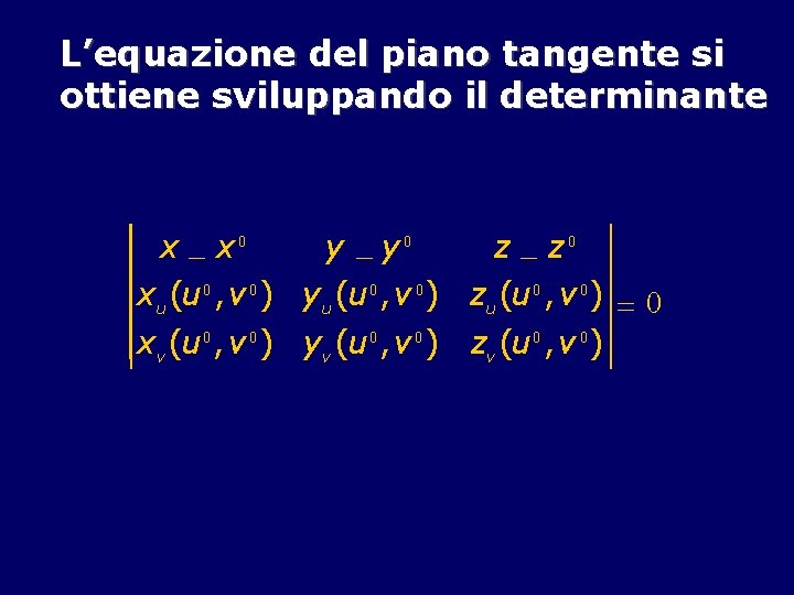 L’equazione del piano tangente si ottiene sviluppando il determinante x - x 0 y
