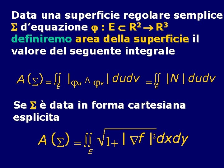 Data una superficie regolare semplice d’equazione : E R 2 R 3 definiremo area