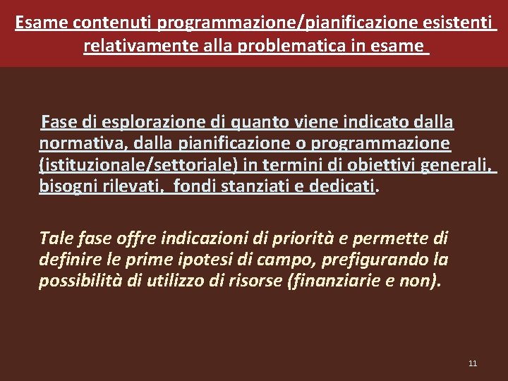 Esame contenuti programmazione/pianificazione esistenti relativamente alla problematica in esame Fase di esplorazione di quanto