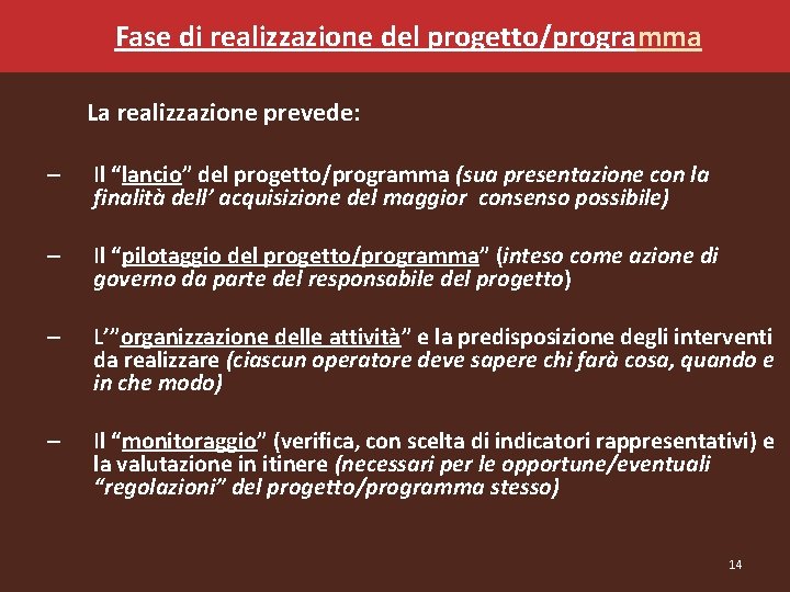  Fase di realizzazione del progetto/programma La realizzazione prevede: – Il “lancio” del progetto/programma