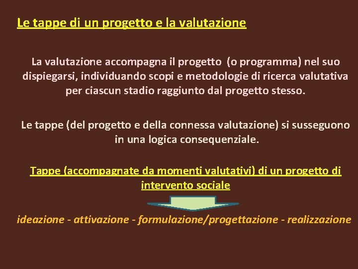 Le tappe di un progetto e la valutazione La valutazione accompagna il progetto (o Le tappe di un progetto e la valutazione La valutazione accompagna il progetto (o