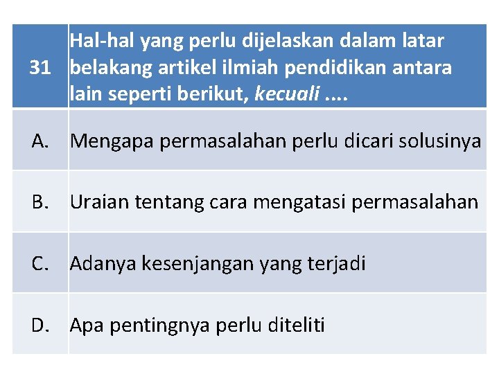 Hal-hal yang perlu dijelaskan dalam latar 31 belakang artikel ilmiah pendidikan antara lain seperti
