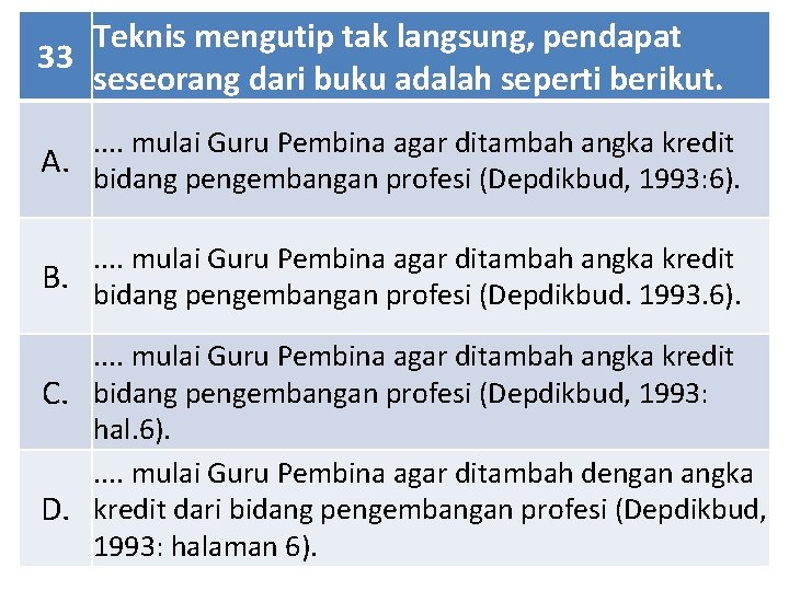 Teknis mengutip tak langsung, pendapat 33 seseorang dari buku adalah seperti berikut. . .