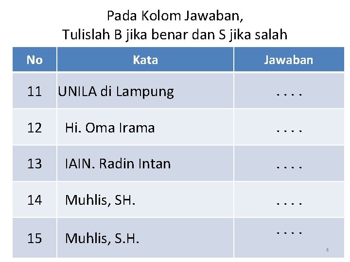 Pada Kolom Jawaban, Tulislah B jika benar dan S jika salah No Kata Jawaban