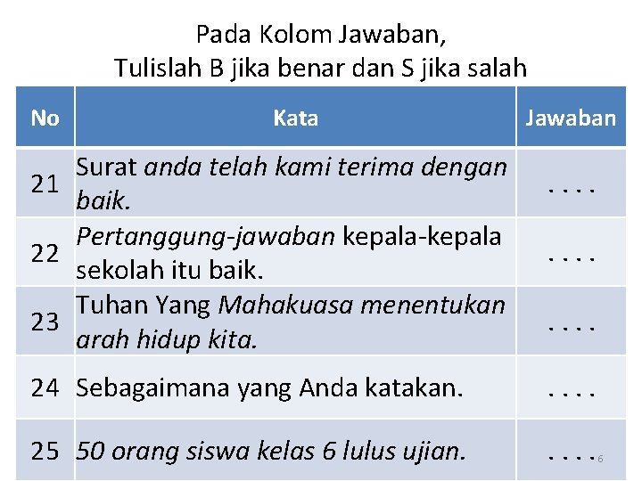 Pada Kolom Jawaban, Tulislah B jika benar dan S jika salah No Kata Surat