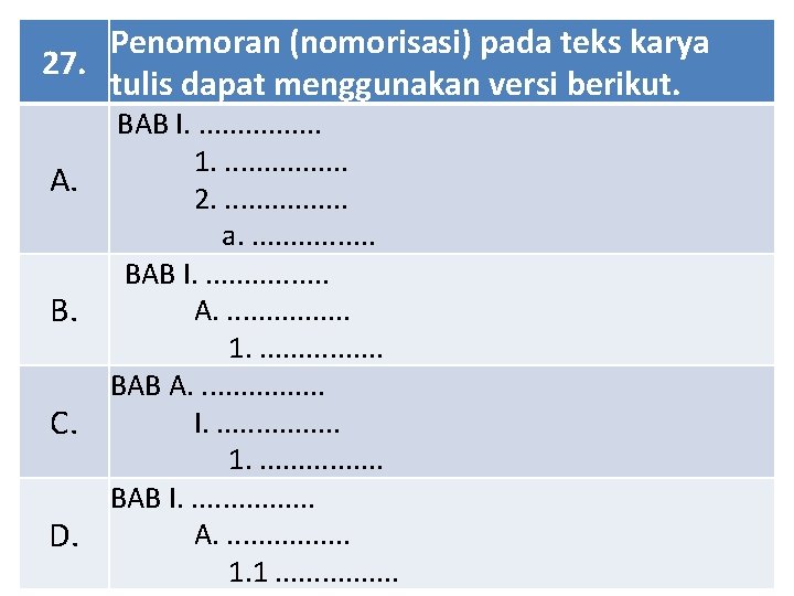 Penomoran (nomorisasi) pada teks karya 27. tulis dapat menggunakan versi berikut. A. B. C.