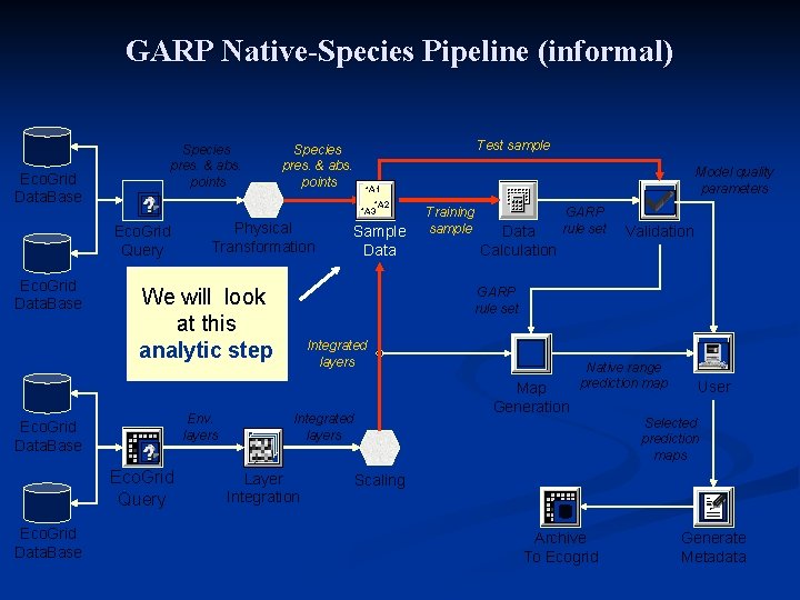 GARP Native-Species Pipeline (informal) Eco. Grid Data. Base Species pres. & abs. points We