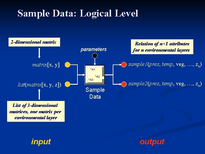 Sample Data: Logical Level 2 -dimensional matrix parameters matrix[x, y] +A 1 Relation of