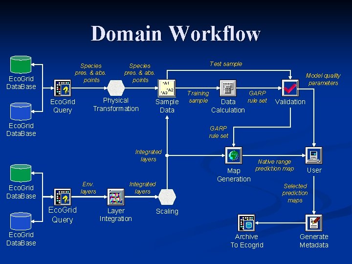 Domain Workflow Eco. Grid Data. Base Species pres. & abs. points Test sample Species