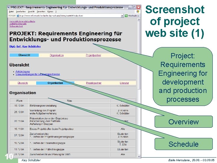 Screenshot of project web site (1) Project: Requirements Engineering for development and production processes