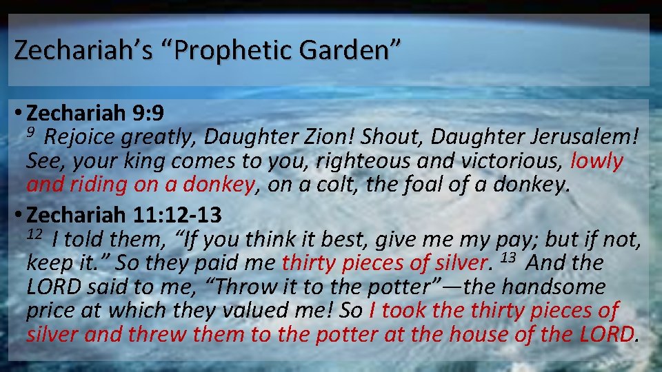 Zechariah’s “Prophetic Garden” • Zechariah 9: 9 9 Rejoice greatly, Daughter Zion! Shout, Daughter