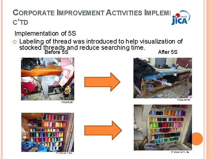 CORPORATE IMPROVEMENT ACTIVITIES IMPLEMENTED C’TD Implementation of 5 S Labeling of thread was introduced