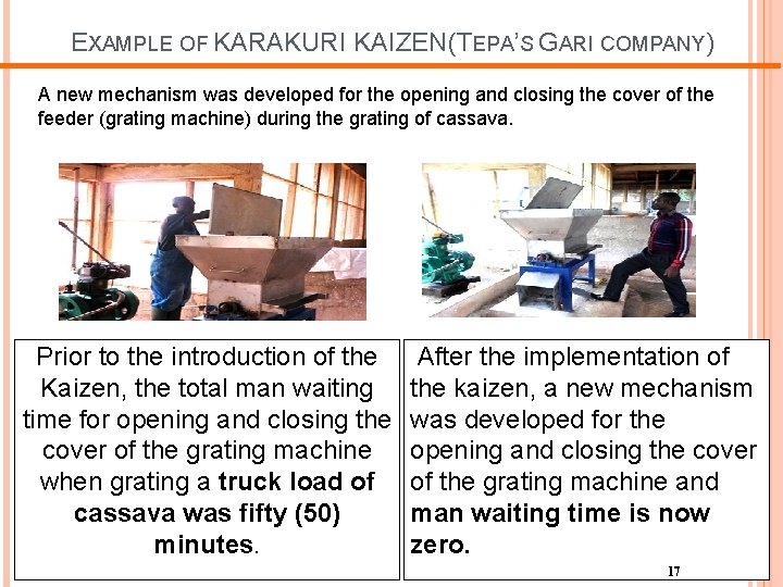 EXAMPLE OF KARAKURI KAIZEN(TEPA’S GARI COMPANY) A new mechanism was developed for the opening