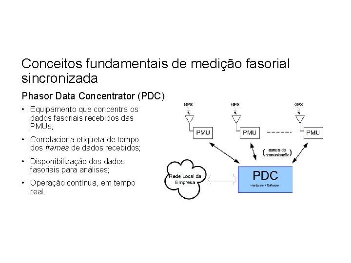 Conceitos fundamentais de medição fasorial sincronizada Phasor Data Concentrator (PDC) • Equipamento que concentra Conceitos fundamentais de medição fasorial sincronizada Phasor Data Concentrator (PDC) • Equipamento que concentra