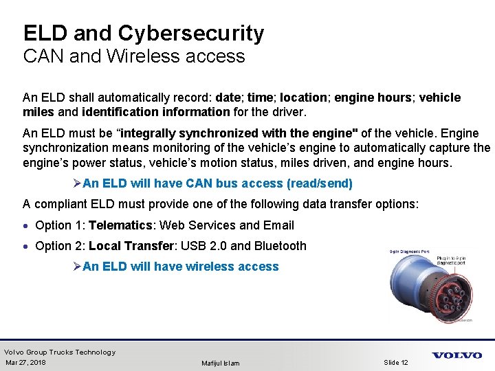 ELD and Cybersecurity CAN and Wireless access An ELD shall automatically record: date; time;