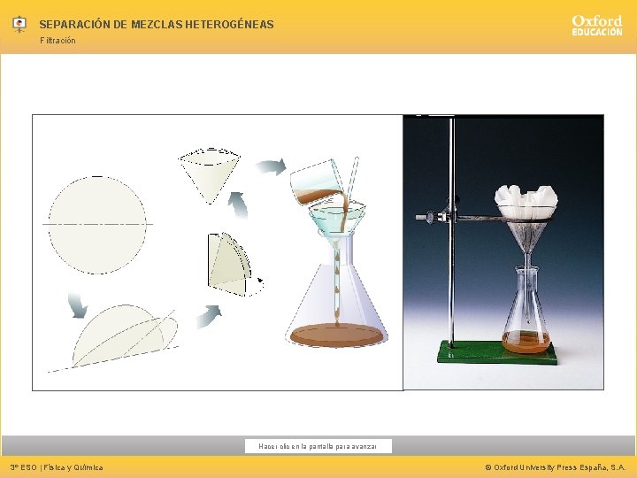 SEPARACIÓN DE MEZCLAS HETEROGÉNEAS Filtración Hacer clic en la pantalla para avanzar 3º ESO