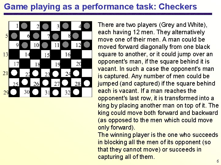 Game playing as a performance task: Checkers There are two players (Grey and White),