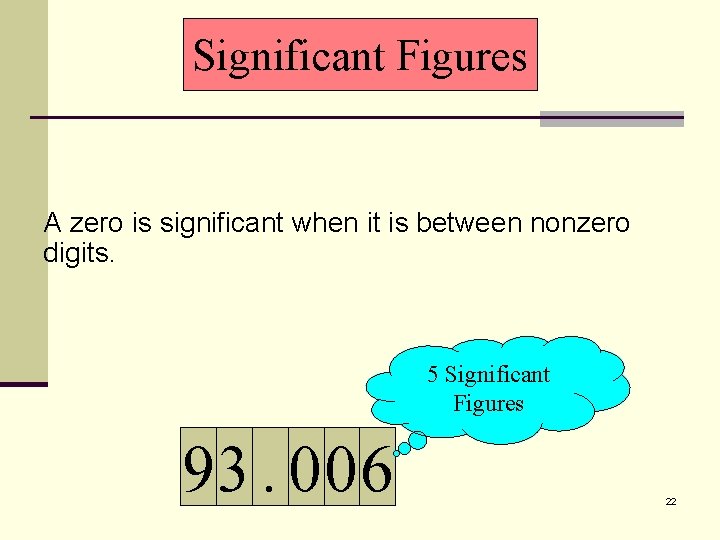 Significant Figures A zero is significant when it is between nonzero digits. 5 Significant