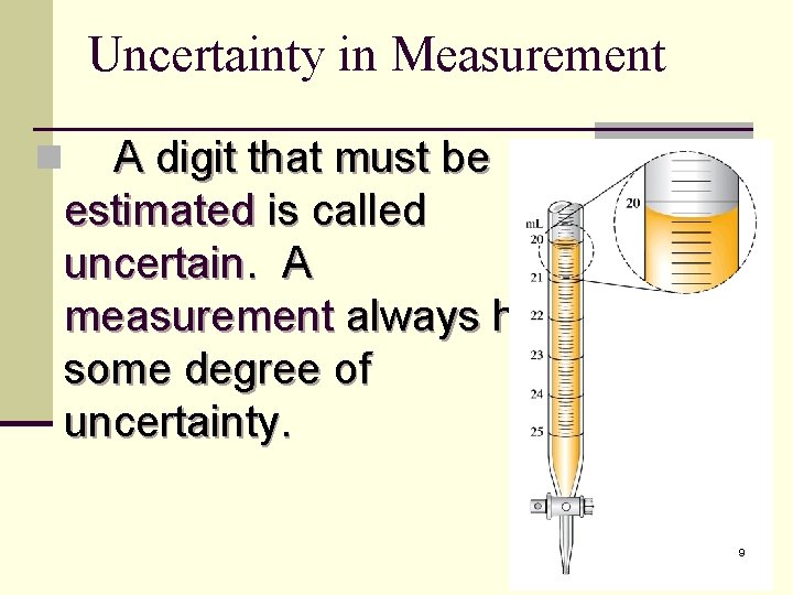 Uncertainty in Measurement A digit that must be estimated is called uncertain. A measurement