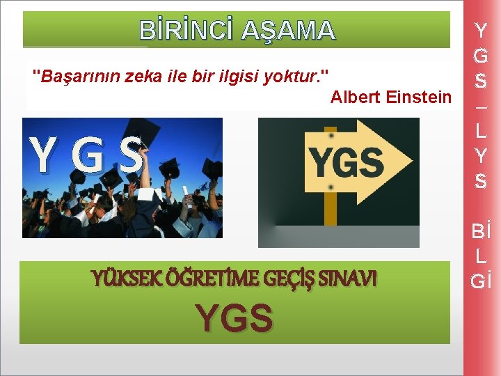 BİRİNCİ AŞAMA Y G "Başarının zeka ile bir ilgisi yoktur. " S Albert Einstein