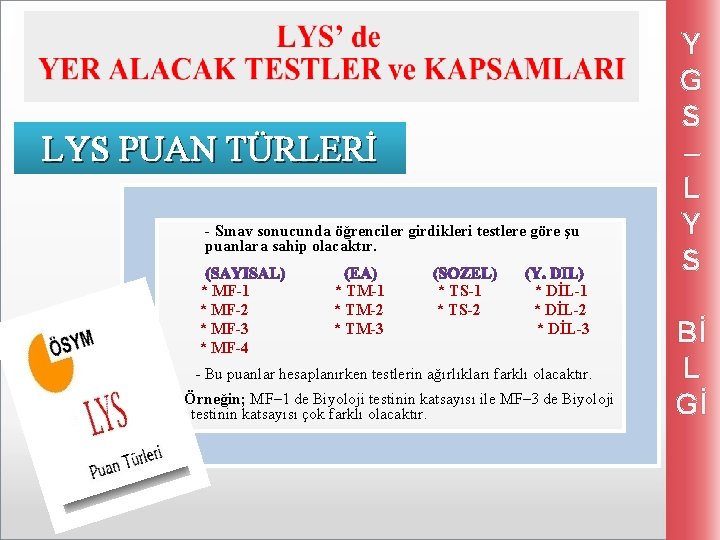 LYS PUAN TÜRLERİ - Sınav sonucunda öğrenciler girdikleri testlere göre şu puanlara sahip olacaktır.