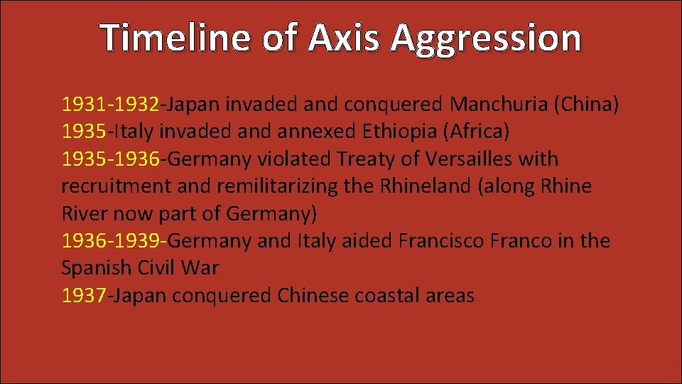 Timeline of Axis Aggression 1931 -1932 -Japan invaded and conquered Manchuria (China) 1935 -Italy