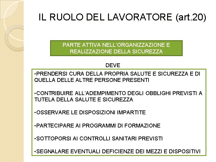 IL RUOLO DEL LAVORATORE (art. 20) PARTE ATTIVA NELL’ORGANIZZAZIONE E REALIZZAZIONE DELLA SICUREZZA DEVE