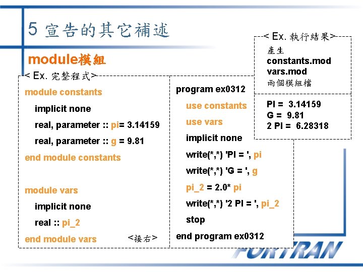 5 宣告的其它補述 < Ex. 執行結果> module模組 < Ex. 完整程式> program ex 0312 module constants