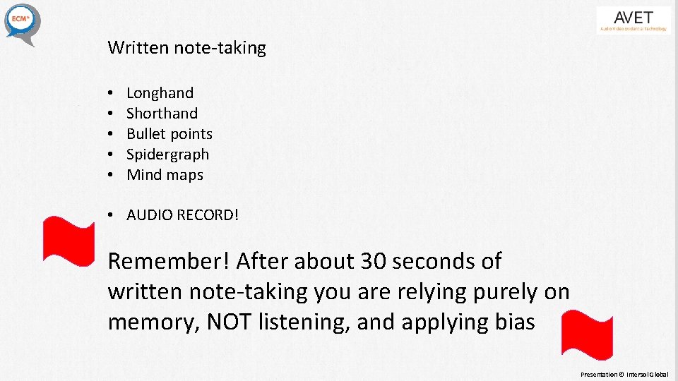 Written note-taking • • • Longhand Shorthand Bullet points Spidergraph Mind maps • AUDIO Written note-taking • • • Longhand Shorthand Bullet points Spidergraph Mind maps • AUDIO