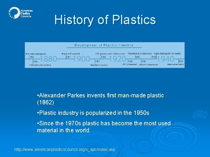 History of Plastics • Alexander Parkes invents first man-made plastic (1862) • Plastic industry