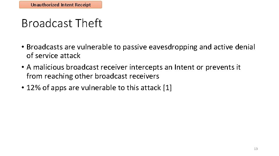 Unauthorized Intent Receipt Broadcast Theft • Broadcasts are vulnerable to passive eavesdropping and active Unauthorized Intent Receipt Broadcast Theft • Broadcasts are vulnerable to passive eavesdropping and active