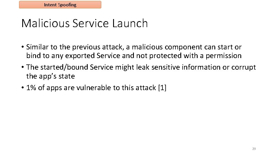 Intent Spoofing Malicious Service Launch • Similar to the previous attack, a malicious component Intent Spoofing Malicious Service Launch • Similar to the previous attack, a malicious component
