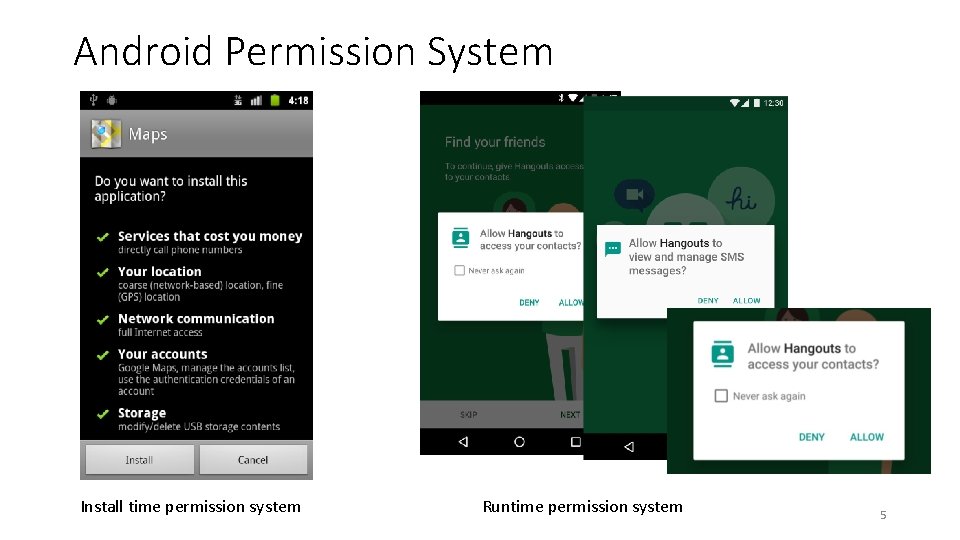 Android Permission System Install time permission system Runtime permission system 5 Android Permission System Install time permission system Runtime permission system 5