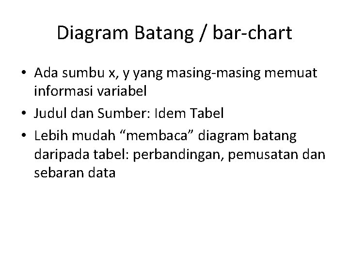 Diagram Batang / bar-chart • Ada sumbu x, y yang masing-masing memuat informasi variabel