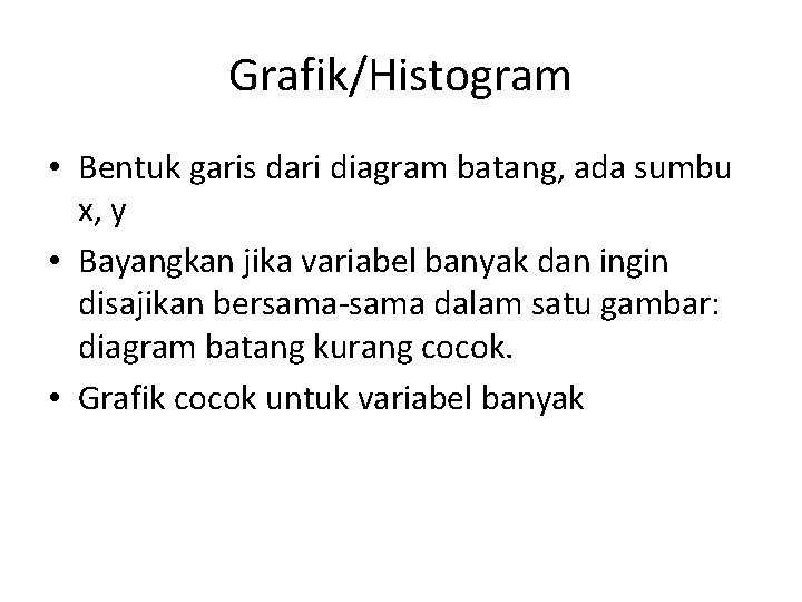 Grafik/Histogram • Bentuk garis dari diagram batang, ada sumbu x, y • Bayangkan jika