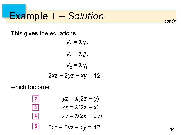 Example 1 – Solution cont’d This gives the equations Vx = gx Vy =