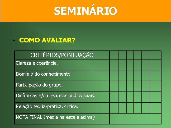 SEMINÁRIO • COMO AVALIAR? CRITÉRIOS/PONTUAÇÃO Clareza e coerência. Domínio do conhecimento. Participação do grupo.