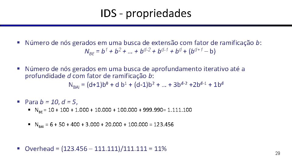 IDS - propriedades § Número de nós gerados em uma busca de extensão com