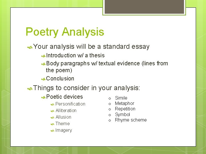 Poetry Analysis Your analysis will be a standard essay Introduction w/ a thesis Body