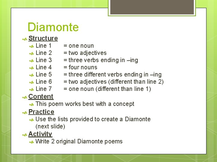 Diamonte Structure Line 1 Line 2 Line 3 Line 4 Line 5 Line 6