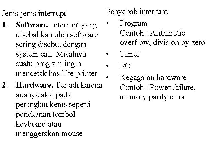 Jenis-jenis interrupt 1. Software. Interrupt yang disebabkan oleh software sering disebut dengan system call.