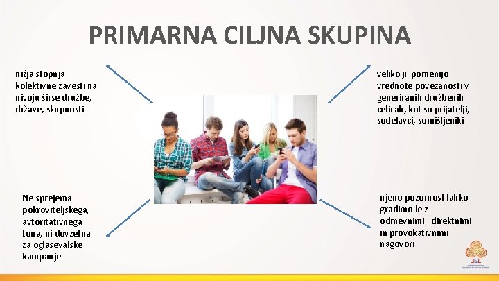 PRIMARNA CILJNA SKUPINA nižja stopnja kolektivne zavesti na nivoju širše družbe, države, skupnosti veliko
