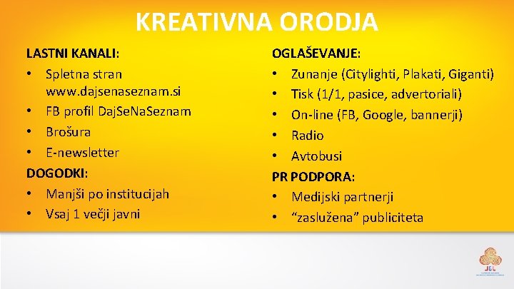 KREATIVNA ORODJA LASTNI KANALI: • Spletna stran www. dajsenaseznam. si • FB profil Daj.