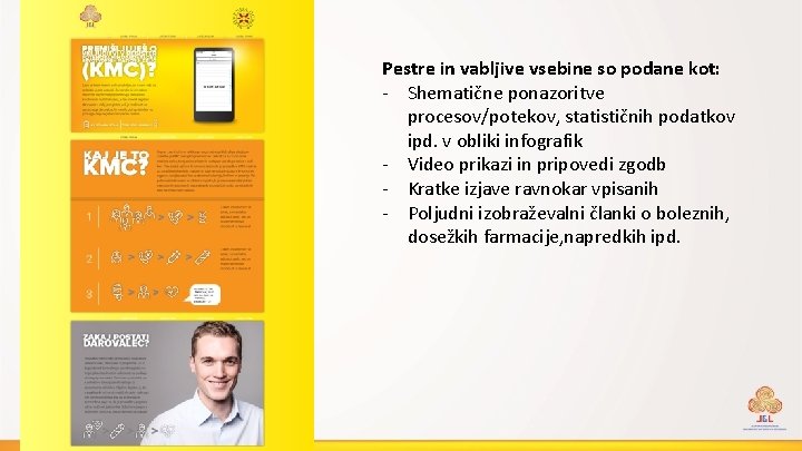 Pestre in vabljive vsebine so podane kot: - Shematične ponazoritve procesov/potekov, statističnih podatkov ipd.