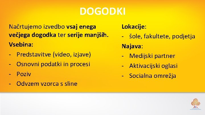 DOGODKI Načrtujemo izvedbo vsaj enega večjega dogodka ter serije manjših. Vsebina: - Predstavitve (video,