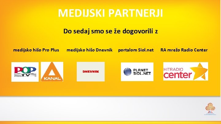 MEDIJSKI PARTNERJI Do sedaj smo se že dogovorili z medijsko hišo Pro Plus medijsko