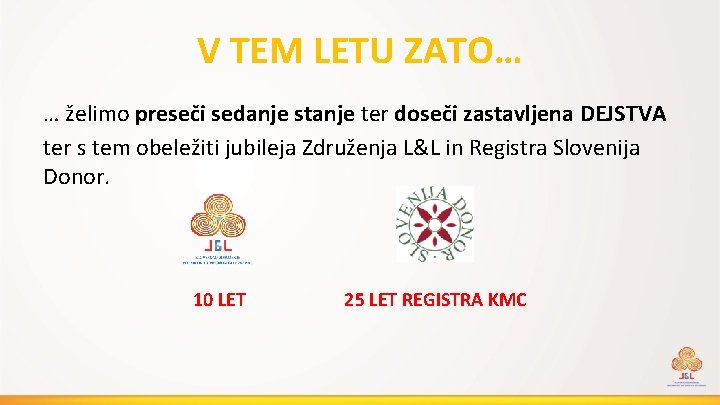 V TEM LETU ZATO… … želimo preseči sedanje stanje ter doseči zastavljena DEJSTVA ter